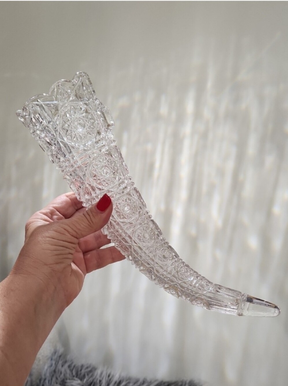 EAPG Glass Hanging Cornucopia Horn Vase Epergne Hobstar Daisy